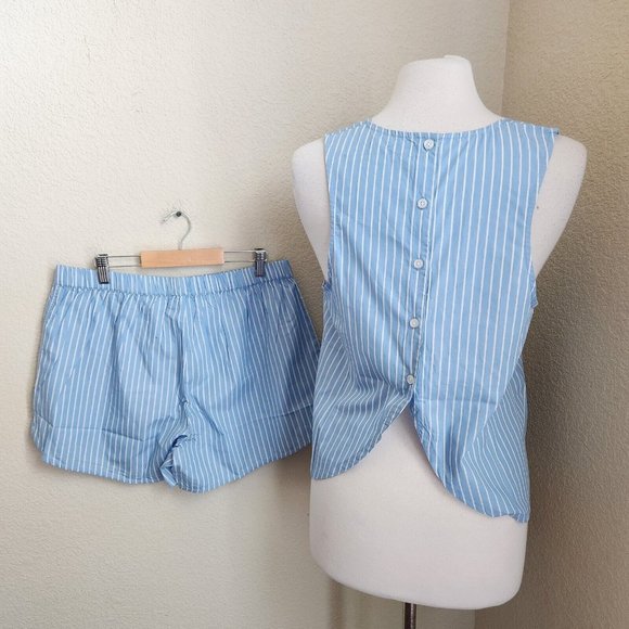 LAKE Pajama 2-PC Set LARGE Top Shorts Blue White Stripe 100% Cotton - Picture 14 of 16
